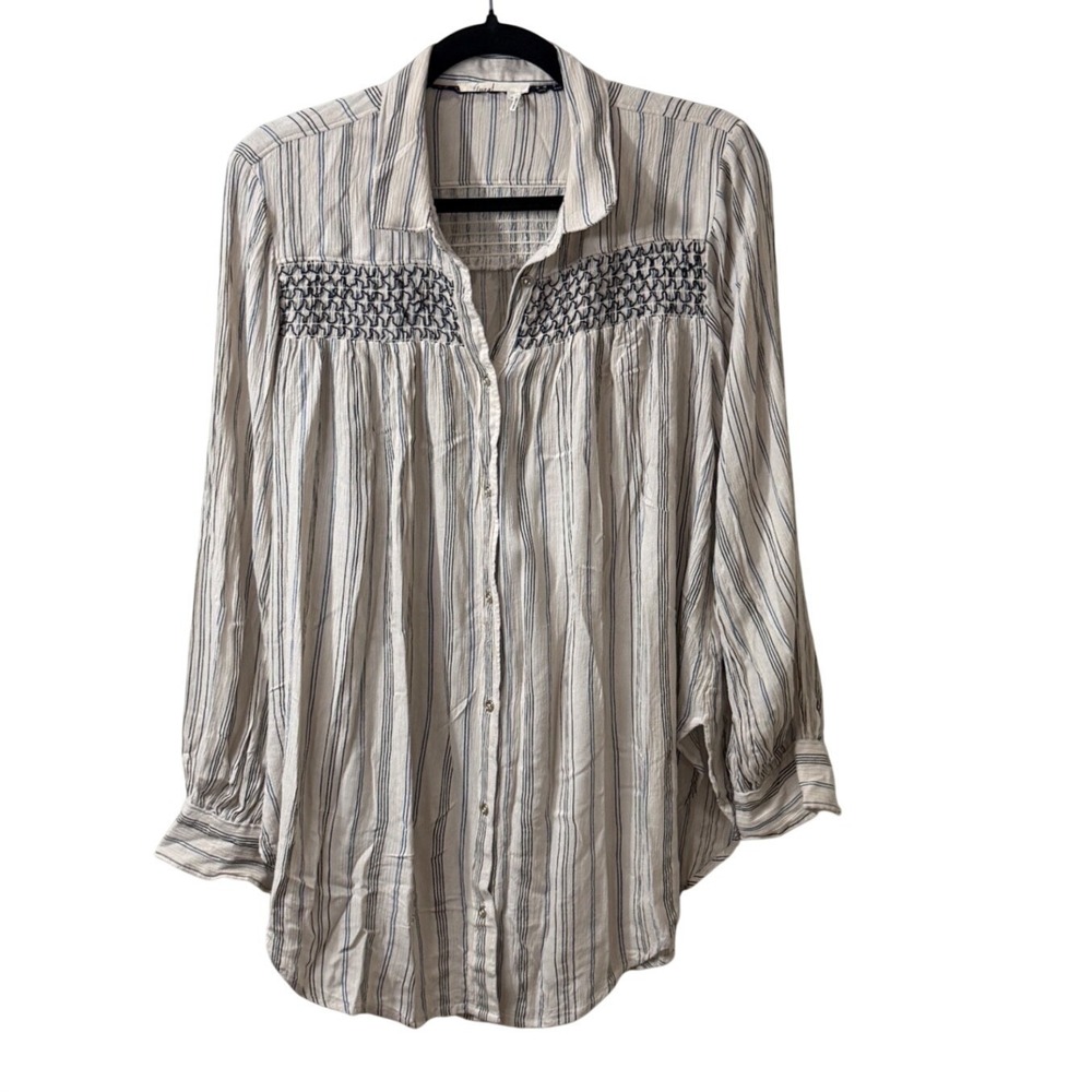 Floreat Anthropologie Striped Boho Button Blouse‎ Beige Cottagecore Smocked Sz M